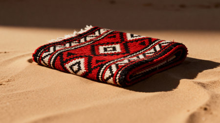 Red Sadu Carpet with Geometric Pattern Folded on Sand - Saudi Traditional Textileの素材