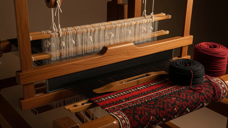 Gulf Sadu Weaving Loom with Red Black Carpet Roll - Traditional Textile Craft Studioの素材