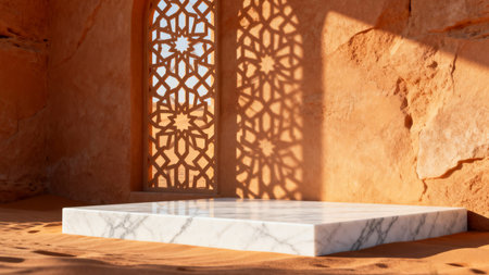Marble Podium with Islamic Geometry Shadow in Arabian Desert Architecture - Product Displayの素材