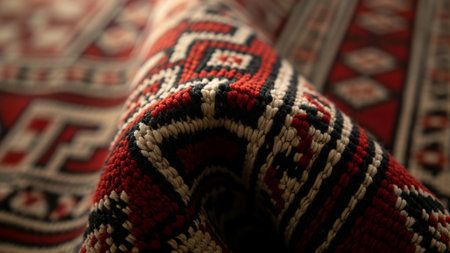 Macro Photography of Folded Gulf Sadu Carpet with Red Black White Geometric Weaveの素材
