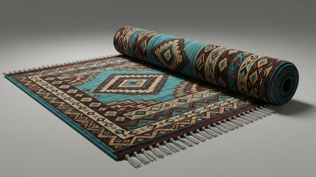 Omani Sadu Rug Rolled Display with Turquoise Geometric Pattern - Traditional Carpet Productの素材