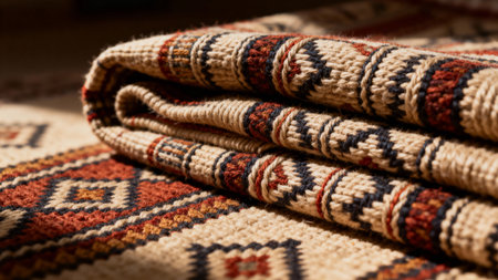 Sadu Rug Rolled Edge Handwoven Detail - Red Beige Black Traditional Carpet Craftsmanshipの素材