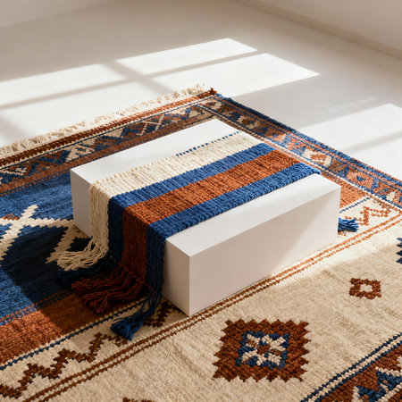 Handwoven Textile Runner with Striped Pattern on Ethnic Rug Aesthetic Displayの素材