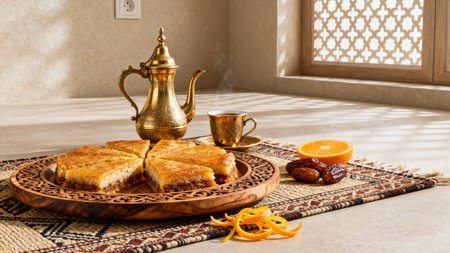 Luxury Baklava Presentation with Brass Coffee Service and Ethnic Rugの素材