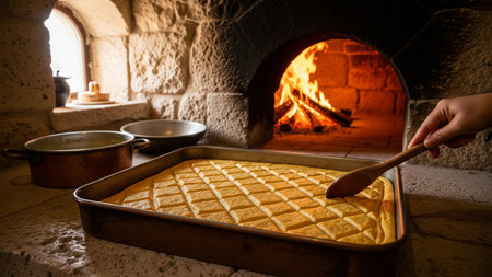 Traditional Lebanese Namoura Coconut Cake Baking in Rustic Stone Ovenの素材