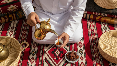 Authentic Arabian Hospitality with Golden Dallah Coffee and Datesの素材