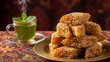 Traditional Makroud Cookies Stacked on Brass Plate with Mint Teaの素材