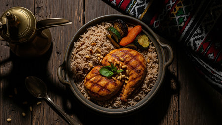 Dark Moody Kabsa Bowl with Grilled Chicken and Pine Nutsの素材