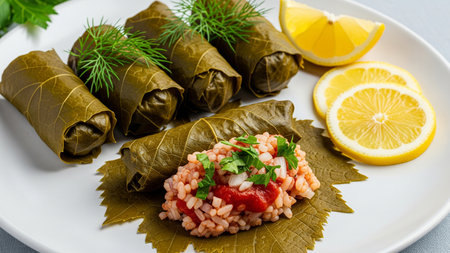 Grape Leaves Wraps with Seasoned Rice and Fresh Lemon Wedgesの素材