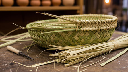 Traditional Basket Weaving Craft with Palm Fronds and Artisan Toolsの素材