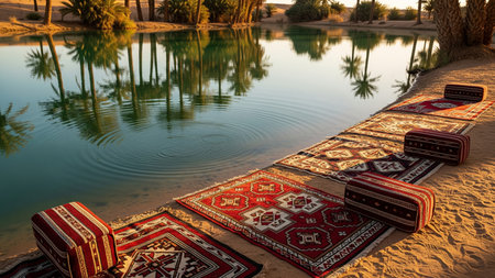 Desert Oasis Reflection with Red Ethnic Carpets and Traditional Musicの素材