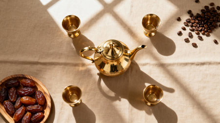 Golden Brass Coffee Service Set with Dates and Coffee Beans Overhead Flat Layの素材