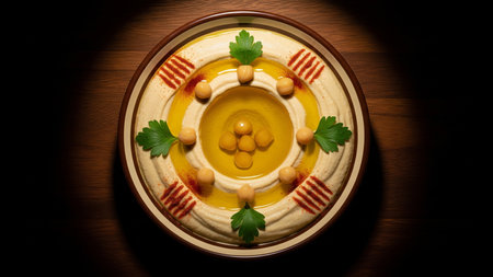 Creamy Hummus Dip with Chickpeas and Parsley in Artisan Ceramic Bowlの素材