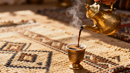 Pouring Traditional Arabic Coffee in Emirati Brass Cup on Ethnic Rugの素材