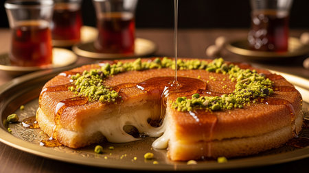Kunafa Dessert with Golden Syrup Cascade and Pistachio Garnish Fine Diningの素材