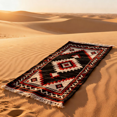 Traditional Bedouin Rug on Sand Dunes Desert Landscape with Golden Sunlightの素材