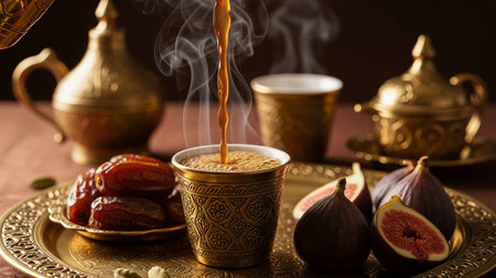 Pouring Traditional Arabic Coffee with Dates and Figs - Luxury Middle Eastern Beverage Serviceの素材