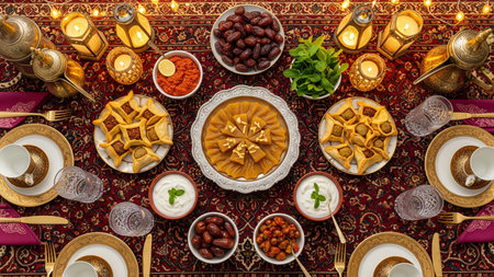 Ramadan Sehoor Feast - Ornate Traditional Middle Eastern Breakfast Spread with Golden Tablewareの素材