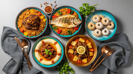 Five Signature Gulf Dishes Collection - Traditional Middle Eastern Cuisine Overhead Arrangementの素材