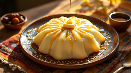 Asida Dessert with Honey Drizzle - Traditional Arab Pudding Served with Datesの素材
