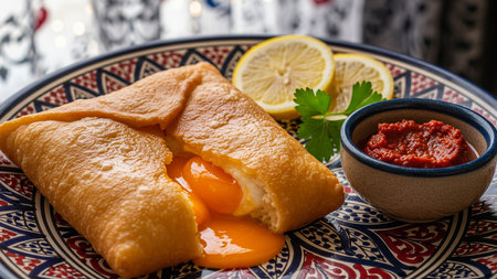 Freshly Fried Brik with Harissa - Traditional Tunisian Pastry on Decorative Ceramic Plateの素材