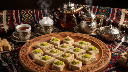 Traditional Palestinian Halva Presentation - Sesame Candy with Pistachio and Ornate Tea Serviceの素材