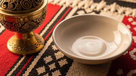 Ornate Brass Incense Burner with Empty White Ceramic Dish on Sadu Textile Product Mockup Backgroundの素材