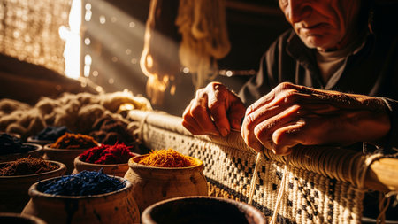 Bedouin Craftsman Weaving Traditional Camel Hair Carpet with Natural Dyes in Desert Tent Workshopの素材