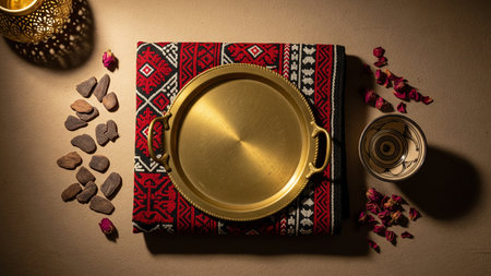Brass Tray Centered on Sadu Textile with Oud Chips and Rose Petals Luxury Flatlay Mockupの素材