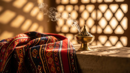 Traditional Gulf Textile with Small Brass Incense Burner on Rough Stone Ledge and Mashrabiya Golden Light Backgroundの素材