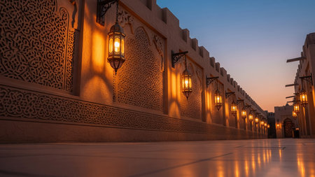 Islamic Courtyard at Dusk Traditional Arabesque Carved Screen Architecture with Golden Evening Lanternsの素材