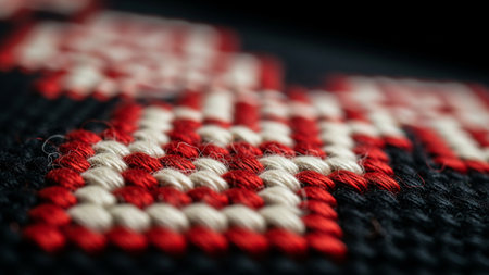 Traditional Woven Carpet Close-Up Red and White Geometric Pattern Textile Designの素材