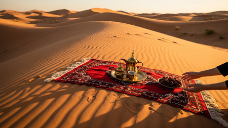 Saudi Arabia Desert Hospitality Traditional Bedouin Coffee Ceremony with Brass Dallah on Ornateの素材