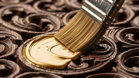 Professional Paintbrush Applying Golden Paint on Carved Wooden Surface Artの素材