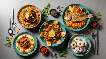 Arabian Cuisine Collection Hummus, Grilled Fish, Kabsa and Traditional Gulf Desserts Platterの素材