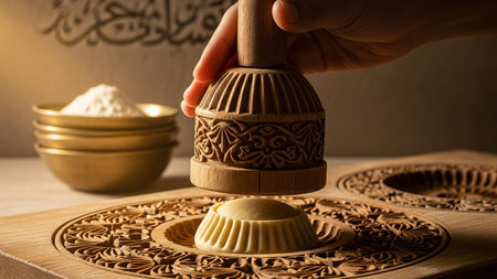 Traditional Wooden Maamoul Mold with Dough Preparationの素材