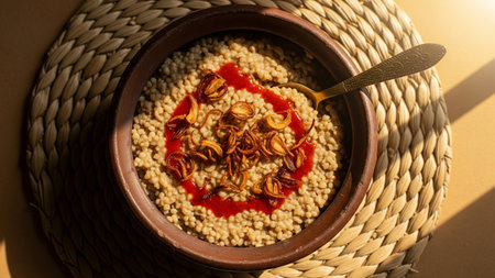 Saudi Jareesh in rustic clay pot with fried onions and red ghee on woven palm matの素材