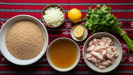 Jareesh ingredients arranged on traditional Saudi tablecloth with chicken, wheat, broth, onion, lemon, parsleyの素材
