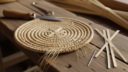 Saudi Palm Leaf Khous Basket - Traditional Handicraft Weaving Process on Rustic Wooden Tableの素材