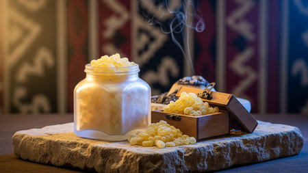 Frosted glass jar and wooden box filled with frankincense resin crystals in a warm Saudi settingの素材