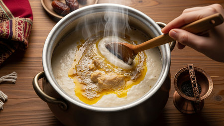 Traditional Jareesh being stirred in metal pot with yogurt, chicken and spices simmering hotの素材