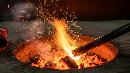 Blowtorch igniting hot charcoal for traditional Saudi Mandi cooking in outdoor pitの素材
