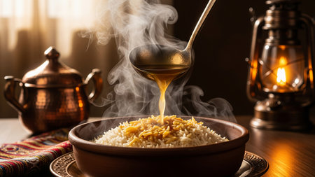 Pouring hot broth over saffron Kabsa rice with aromatic steam and brass ladle in luxury settingの素材