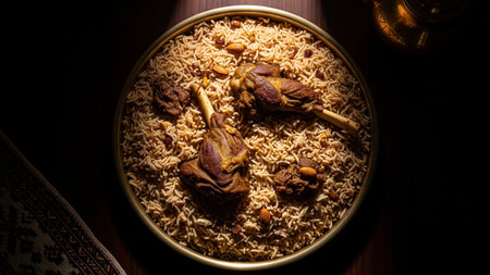 Top-down overhead shot of Saudi Mandi with saffron rice, roasted lamb and almonds in brass vesselの素材