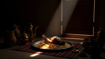 Roasted Mandi served in traditional dark room with dramatic window light and Najdi architecture shadowsの素材
