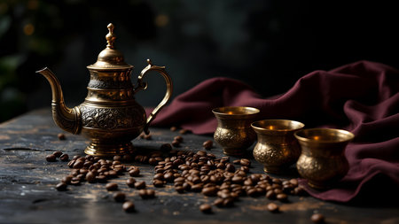 Traditional Arabian brass coffee set with ornate dallah, cups, and coffee beans on dark surfaceの素材