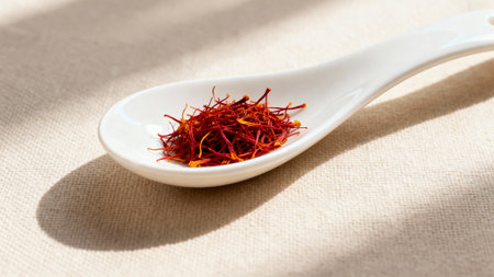 Premium saffron threads on white ceramic spoon close-up with natural light on neutral backgroundの素材
