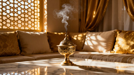 Luxury incense burner smoking in ornate majlis with geometric patterns, marble table and gold cushionsの素材