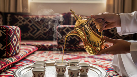 Traditional Arabian coffee service pouring from gold dallah into decorated cups in majlis with heritage textilesの素材