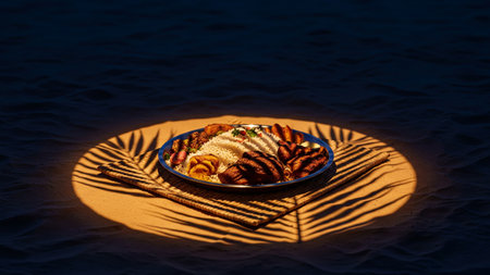 Saudi Mandi with roasted lamb and rice illuminated by dramatic desert night lightingの素材